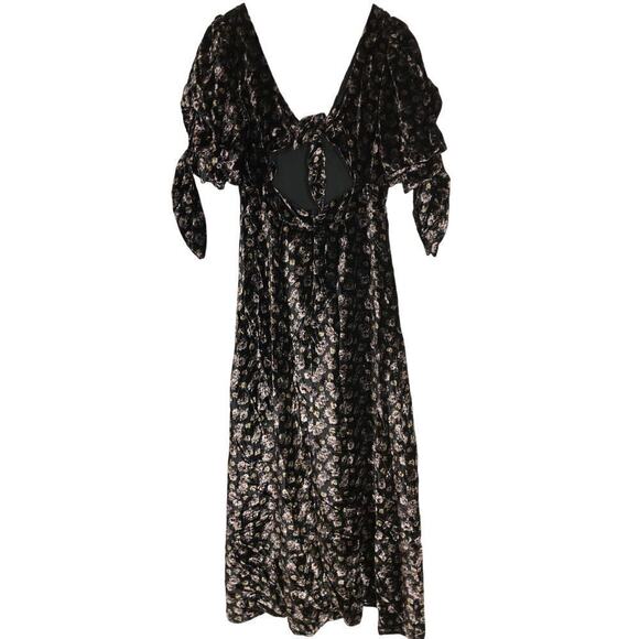 Sea New York Valerie Dress Floral Velvet Puff Sleeve V-Neck Back Tie Black 6 - Picture 3 of 12